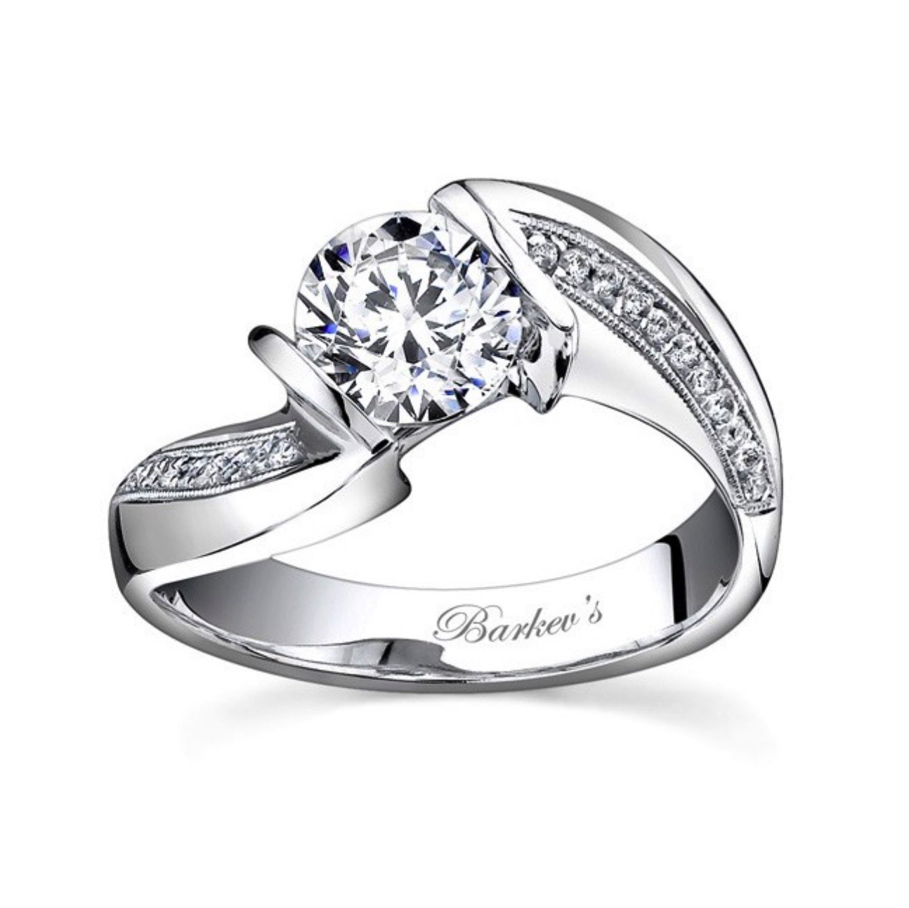 Diamond Engagement Ring - Barkev 14K White Gold Round with Cathedral Shank