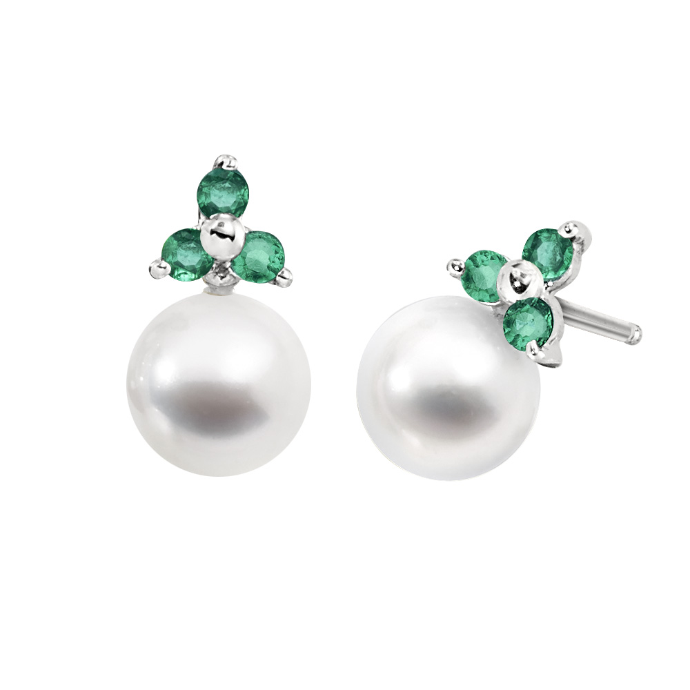 Cultured Pearl Earrings with Emeralds
